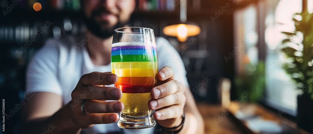 bearded man holding a glass of beer in lgbt style. Gay party with rainbow drinks