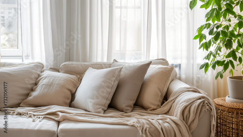 Comfortable and chic living room setting with a sofa adorned in soft linen cushions in light neutral tones beside a window with white curtains, allowing streams of natural light