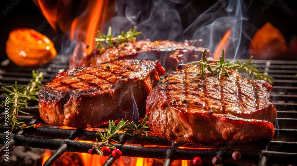 Grilled beef steak s and on a grill with flames under Grilled beef steak s and on a grill with flames under