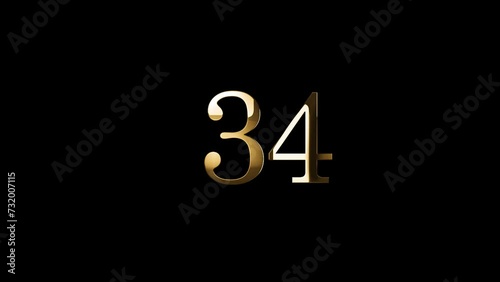 Gold number 34 with gold particles, alpha channel, gold numerology, gold number thirty four photo