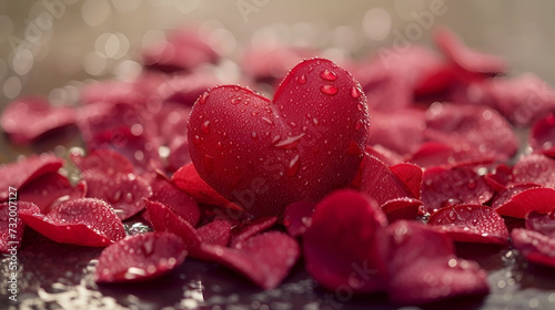 A symbol of love, a heart shaped leaf rests atop a bed of vibrant rose petals, kissed by the gentle rain of valentine's day