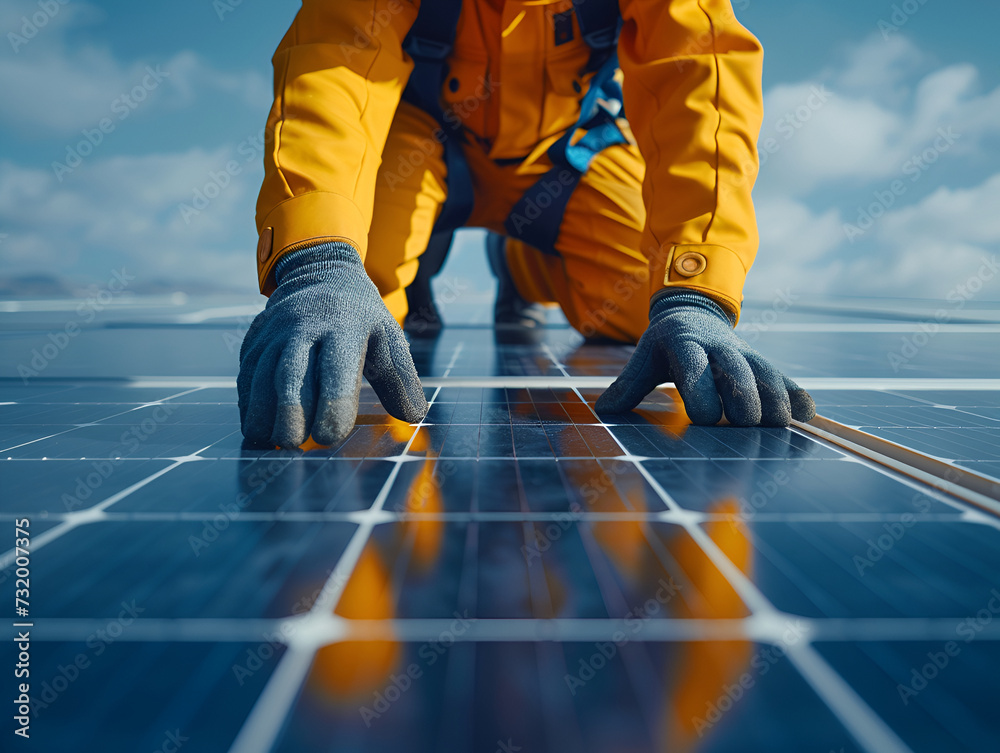 The technician's hands install a solar panel on the roof in a rustic style The technician's hands install a solar panel on the roof in a rustic style