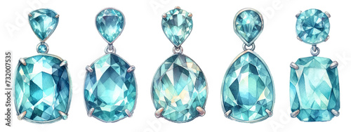 Aquamarine earrings watercolor illustration material set