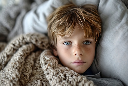 Ovehrhead view of boy on couch at home while sick with cold and flu. © interior