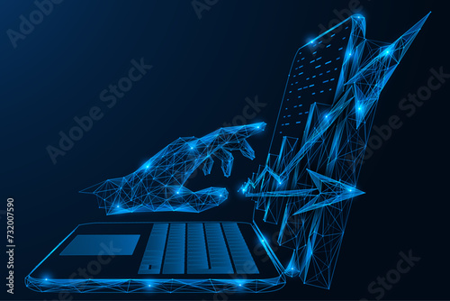 Hand points to the growing graph in front of the laptop screen. A low-poly design of interconnected lines and dots. Blue background. photo