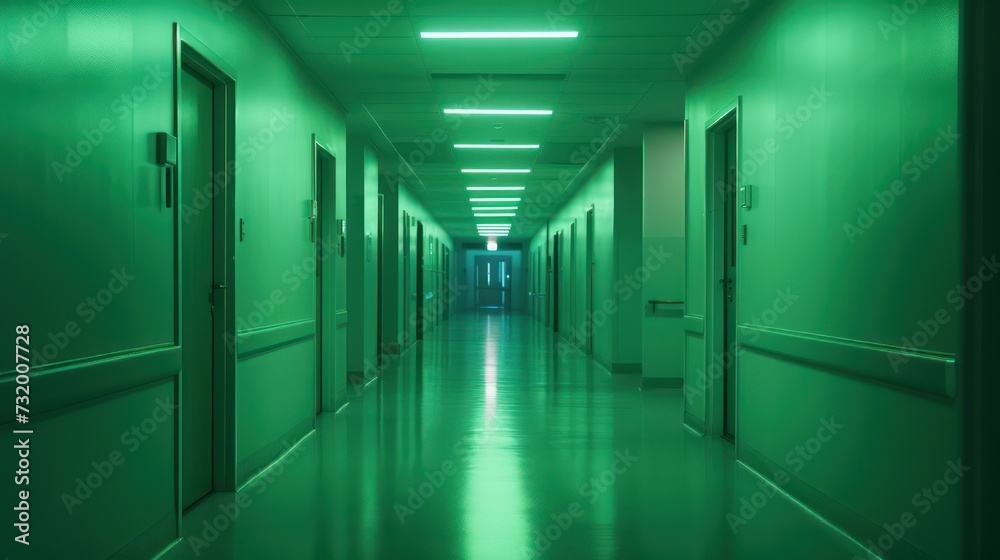 A brightly lit corridor adorned with green walls and doors within a hospital setting.