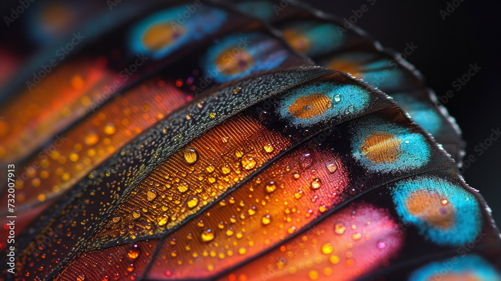 Close-up of a colorful butterfly wing reveals delicate details, offering a symphony of hues and textures. Ideal for projects seeking vibrant natural imagery, conveying the beauty and complexity of wil Close-up of a colorful butterfly wing reveals delicate details, offering a symphony of hues and textures. Ideal for projects seeking vibrant natural imagery, conveying the beauty and complexity of wil
