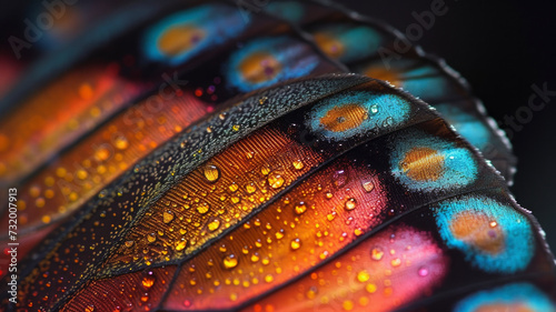 Close-up of a colorful butterfly wing reveals delicate details, offering a symphony of hues and textures. Ideal for projects seeking vibrant natural imagery, conveying the beauty and complexity of wil