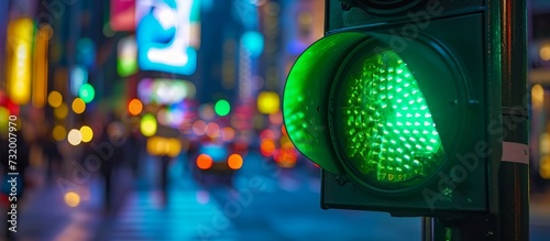 A green traffic light illuminated through an automotive lighting system provides a visually captivating and technologically advanced event in the city at night. photo