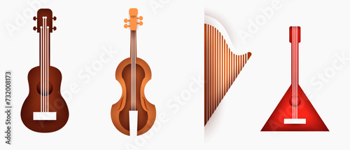 Guitar, violin, harp, balalaika. Set musical instruments in modern creative paper layer style. Vector minimal illustration.