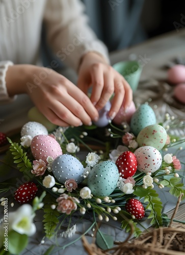 female hands making an Easter wreath from branches, flowers and eggs, spring wreath, Easter, Christ is risen