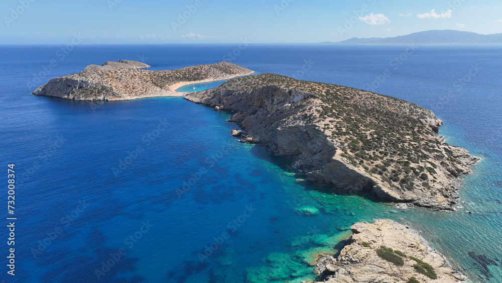 Aerial drone photo of paradise secluded beach of Feidoussa in small isled of Ofeidousa only accessible by boat next to Schoinousa island, Small Cyclades, Greece