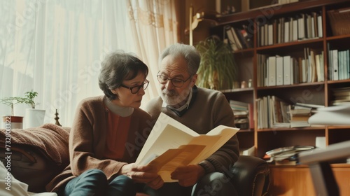 Elderly spouses, grandparents, are seen reading documents and facing financial issues, possibly dealing with debt and monetary loss, as they work on paperwork together at home.