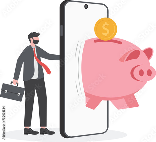 Fintech financial technology, banking mobile app for spending investment and saving concept, businessman investor standing with mobile application with wealthy pink piggy bank with money coins jumping