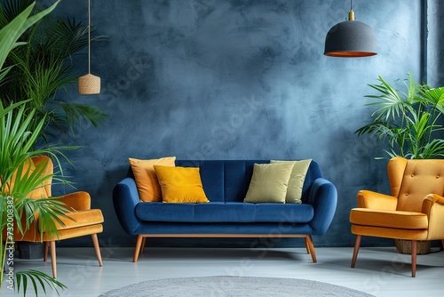 Retro armchairs with wooden frame and colorful pillows on a navy blue sofa in a vibrant living room interior with green plants. Real photo.