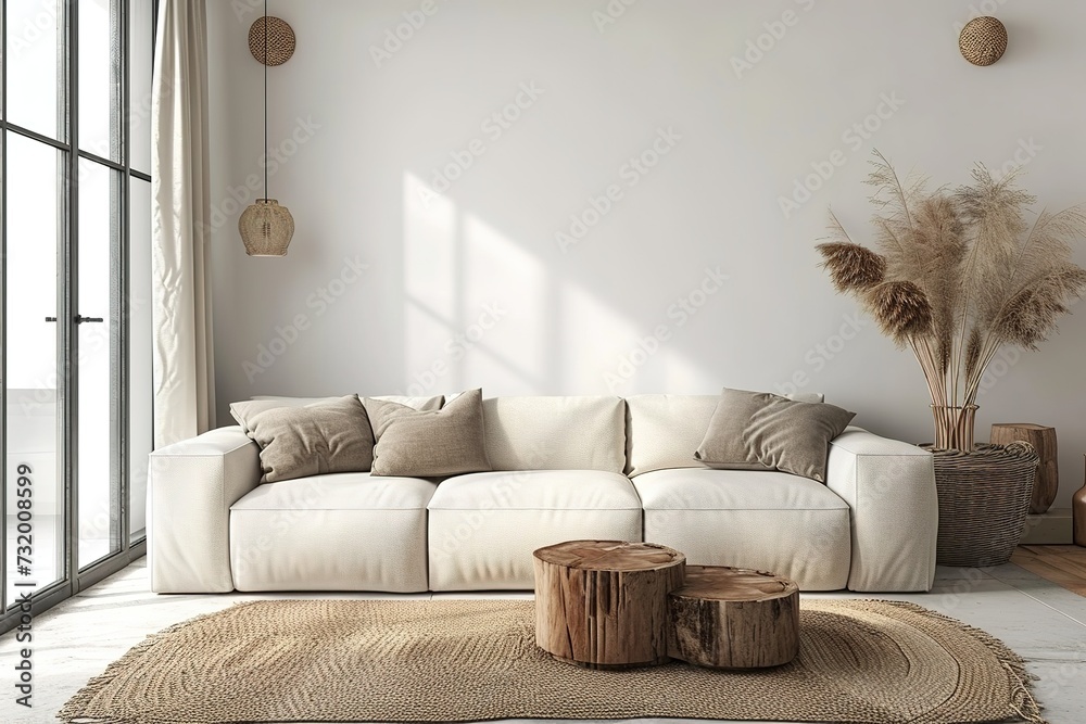 Obraz na płótnie Scandinavian style living room interior mock up, modern living room interior background, beige sofa and pampas grass, 3d rendering. w salonie