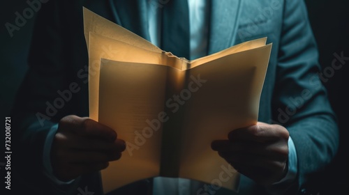 A businessman holding top secret documents or messages, emphasizing the confidentiality and importance of the dossier information.