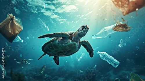  A turtle swimming amidst underwater plastic waste, highlighting the issue of pollution in sea waters. © Andrey
