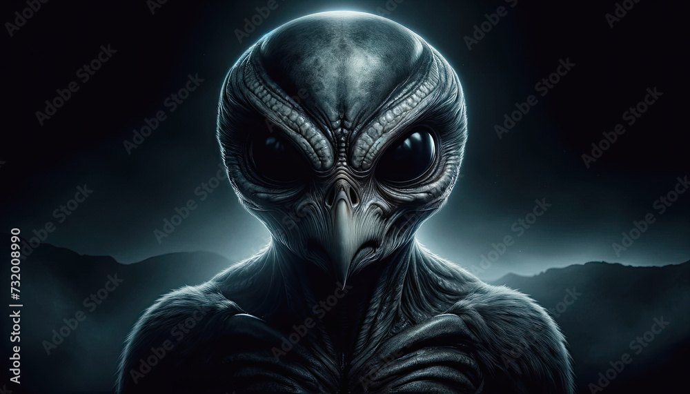 AI-generated image of a gray alien with owl-like features AI-generated image of a gray alien with owl-like features