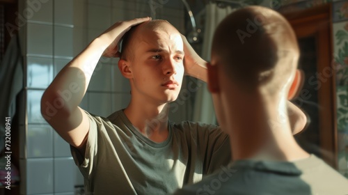  A young man examines his hair loss issue in front of a mirror indoors.