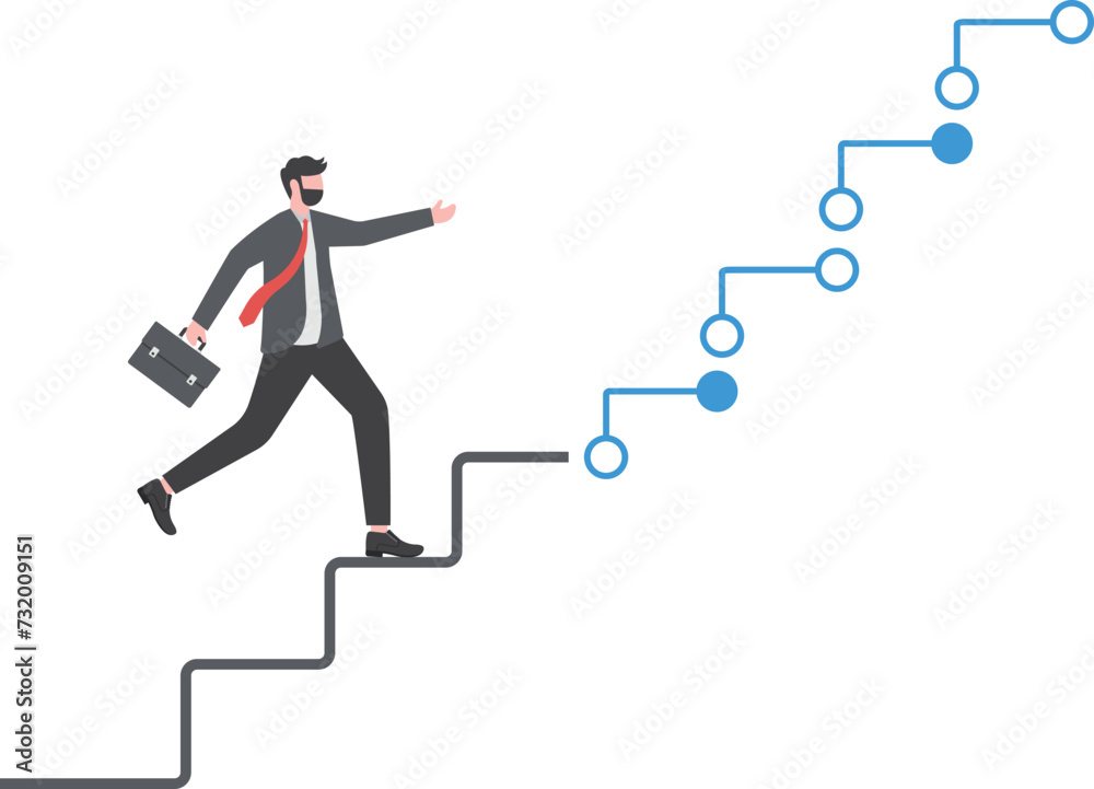 Digital transformation, company use technology and innovation to optimize workflow and change future concept, businessman corporate leader climbing up analog stair to transform into digital step.
