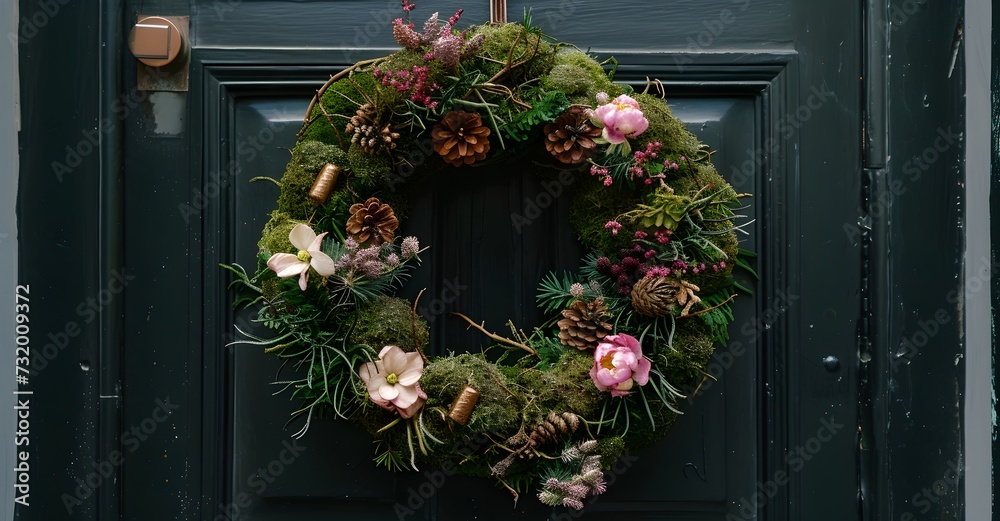 Naklejka premium Easter wreath made of branches, flowers and eggs, spring wreath, Easter, Christ is risen