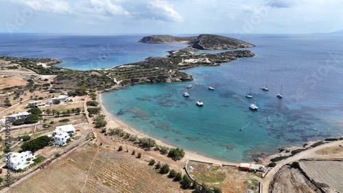 Aerial drone photo of paradise beach of Livadi in small island of Schoinousa, Small Cyclades, Greece