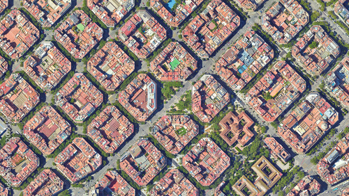 Barcelona aerial view of city plan consisting of square and rectangular buildings, Bird’s eye view Eixample, Barcelona, Spain