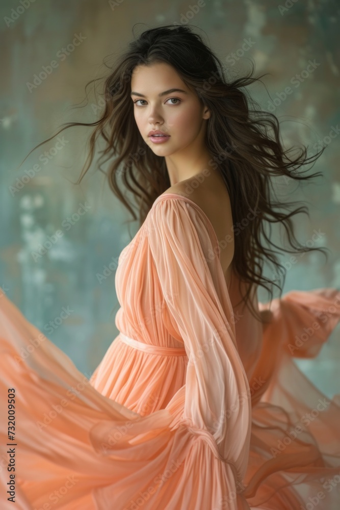 Obraz premium a woman elegantly adorned in a flowing peach - colored long dress
