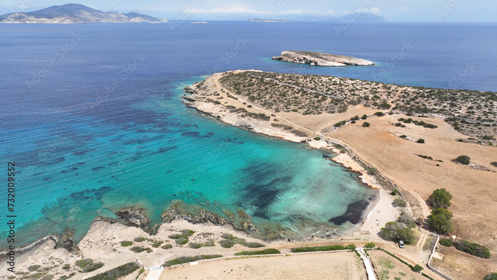 Aerial drone photo of paradise beach of Bazeos and Lioliou in small island of Schoinousa, Small Cyclades, Greece