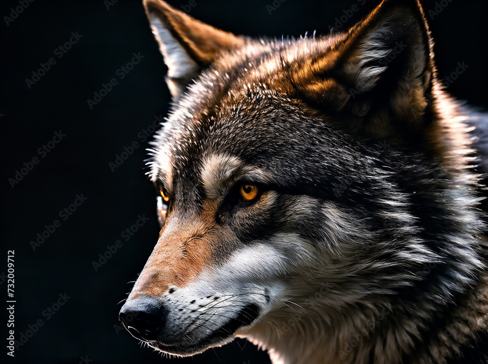 Portrait of a wolf looking straight on a dark background, close up view Portrait of a wolf looking straight on a dark background, close up view