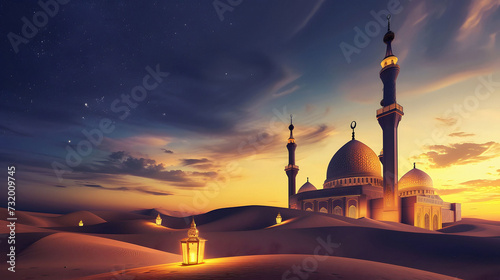 Majestic mosque in a serene desert landscape, bathed in soft Ramadan moonlight with a warm lantern glow, showcasing the cultural richness under the starry night sky and sand dunes
