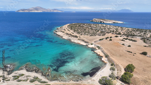 Aerial drone photo of paradise beach of Bazeos and Lioliou in small island of Schoinousa, Small Cyclades, Greece