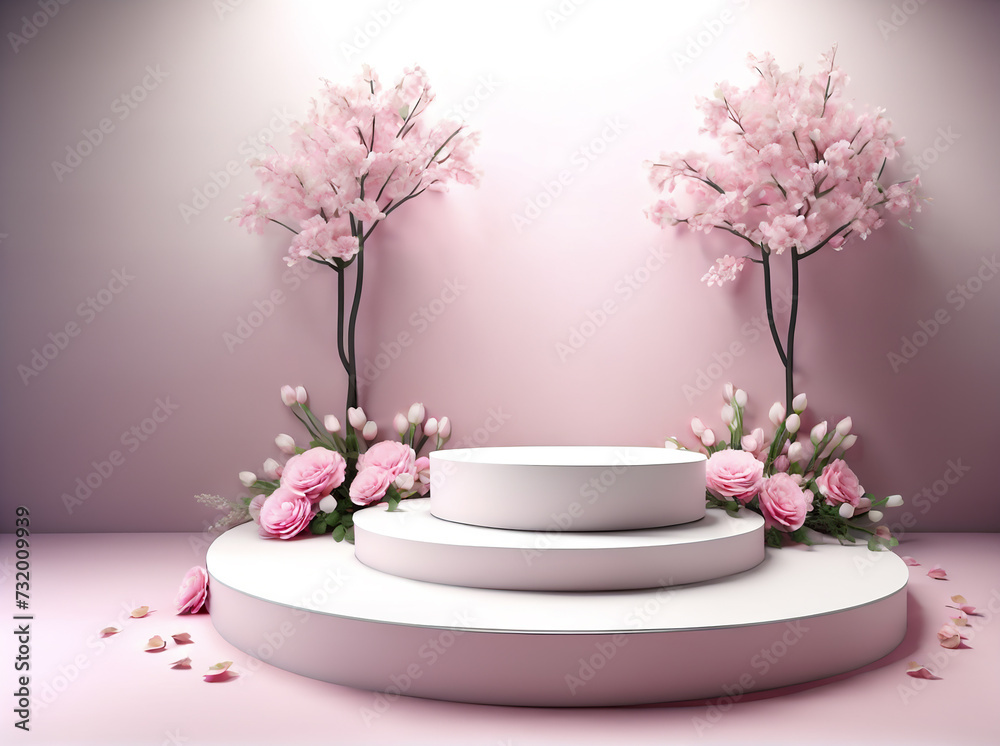 A white podium for product placement. There are pink roses around the podium. Pink background at the back. A white podium for product placement. There are pink roses around the podium. Pink background at the back.