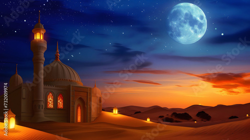 Majestic mosque in a serene desert landscape, bathed in soft Ramadan moonlight with a warm lantern glow, showcasing the cultural richness under the starry night sky and sand dunes 