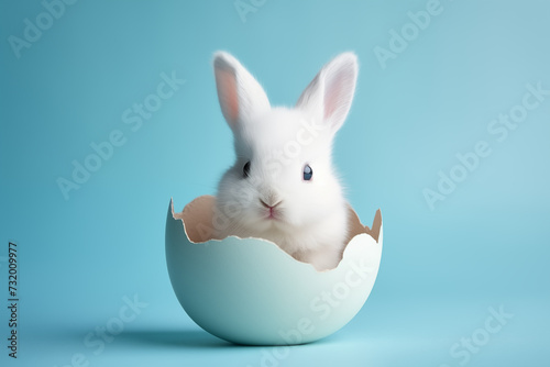 A cute rabbit peeking its head from a cracked Easter egg with a blue background