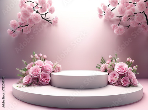 A white podium for product placement. There are pink roses around the podium. Pink background at the back.