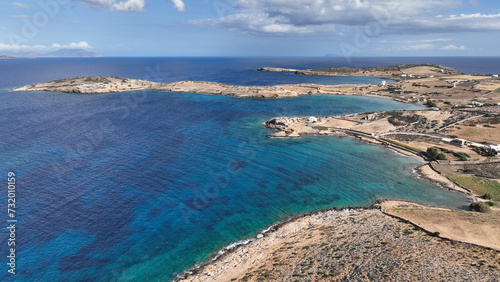 Aerial drone photo of beautiful seascape in island of Shoinousa untouched. by tourism, Small Cyclades, Greece © aerial-drone
