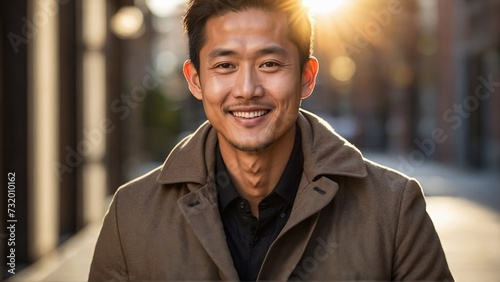 A Chinese man smiling portrait in a sunrise