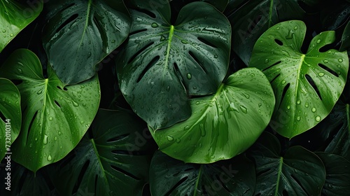 Green leaf tropical. Top view of wet tropical green leaves background. Nature background. Wallpaper photo