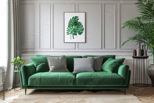 Stylish living room interior with comfortable green sofa. © interior