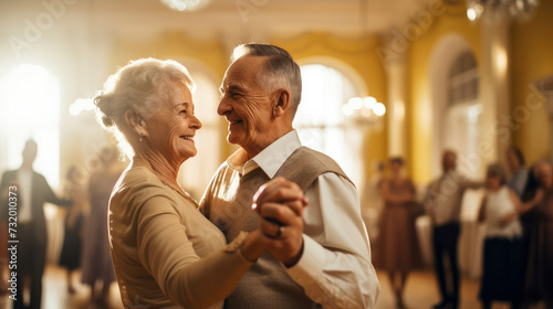 Elderly couple gracefully enjoys ballroom dance class, radiating joy and connection. Warm hues complement their elegant moves, embodying vitality and leisure in retirement