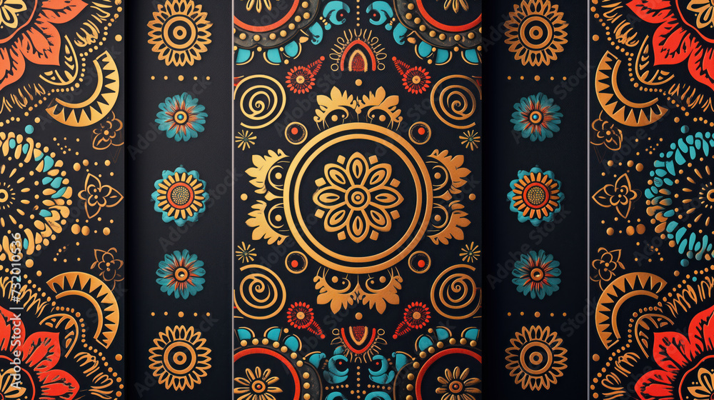 Seamless Hindi ethnic pattern, hand-painted details with black background