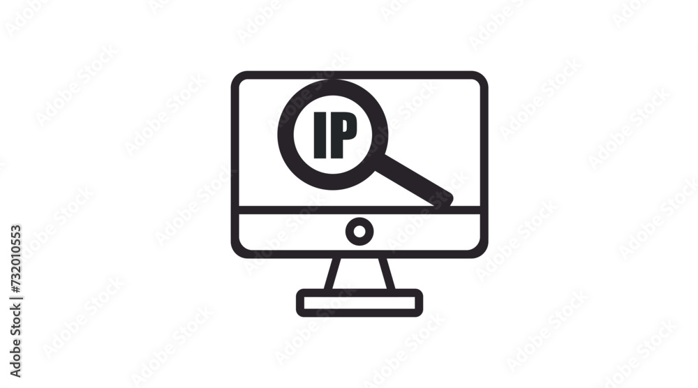 Computer IP Icon. Vector black and white editable flat illustration of a computer and an IP icon Computer IP Icon. Vector black and white editable flat illustration of a computer and an IP icon