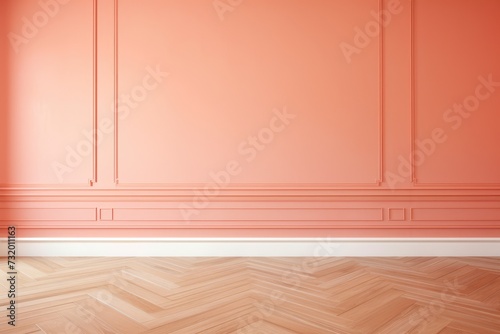 Coral classic painted wall background with light brown flooring. Wainscot. Empty room. Wall mockup. Customize. Interior photo