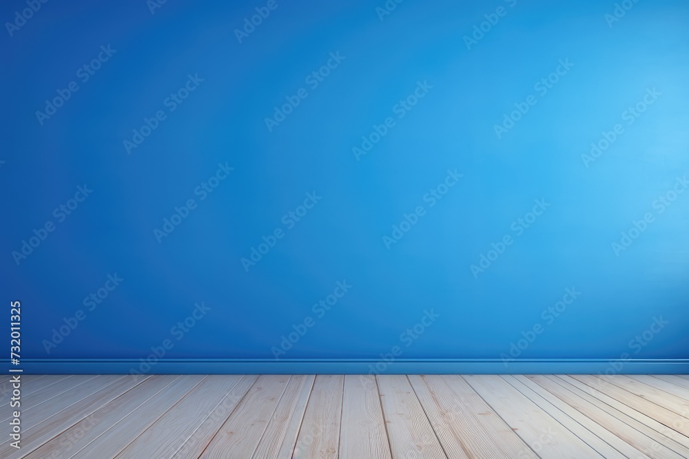 Cornflower blue minimalist wall background with natural parquet. Wooden flooring. Wall mockup. Empty room. - obrazy, fototapety, plakaty 