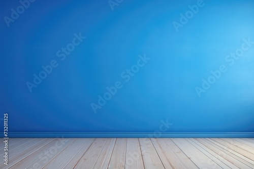 Cornflower blue minimalist wall background with natural parquet. Wooden flooring. Wall mockup. Empty room.
