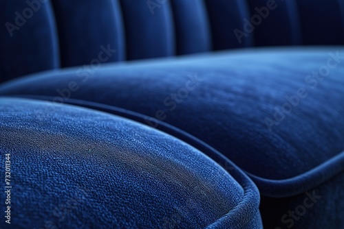 Upholstered furniture made of velor blue fabric with rounded elbows close-up. An element of upholstered furniture with a stitched sidewall in deep shadows with an empty space for text with cop. photo