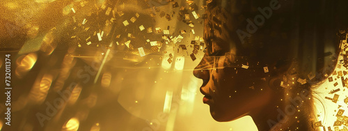 Young beautiful lady in cloud of gold dust and money. Generative ai.