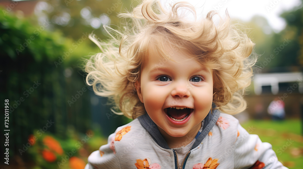 "Adorable smiling child with blonde hair and blue eyes exudes pure joy, capturing the essence of 